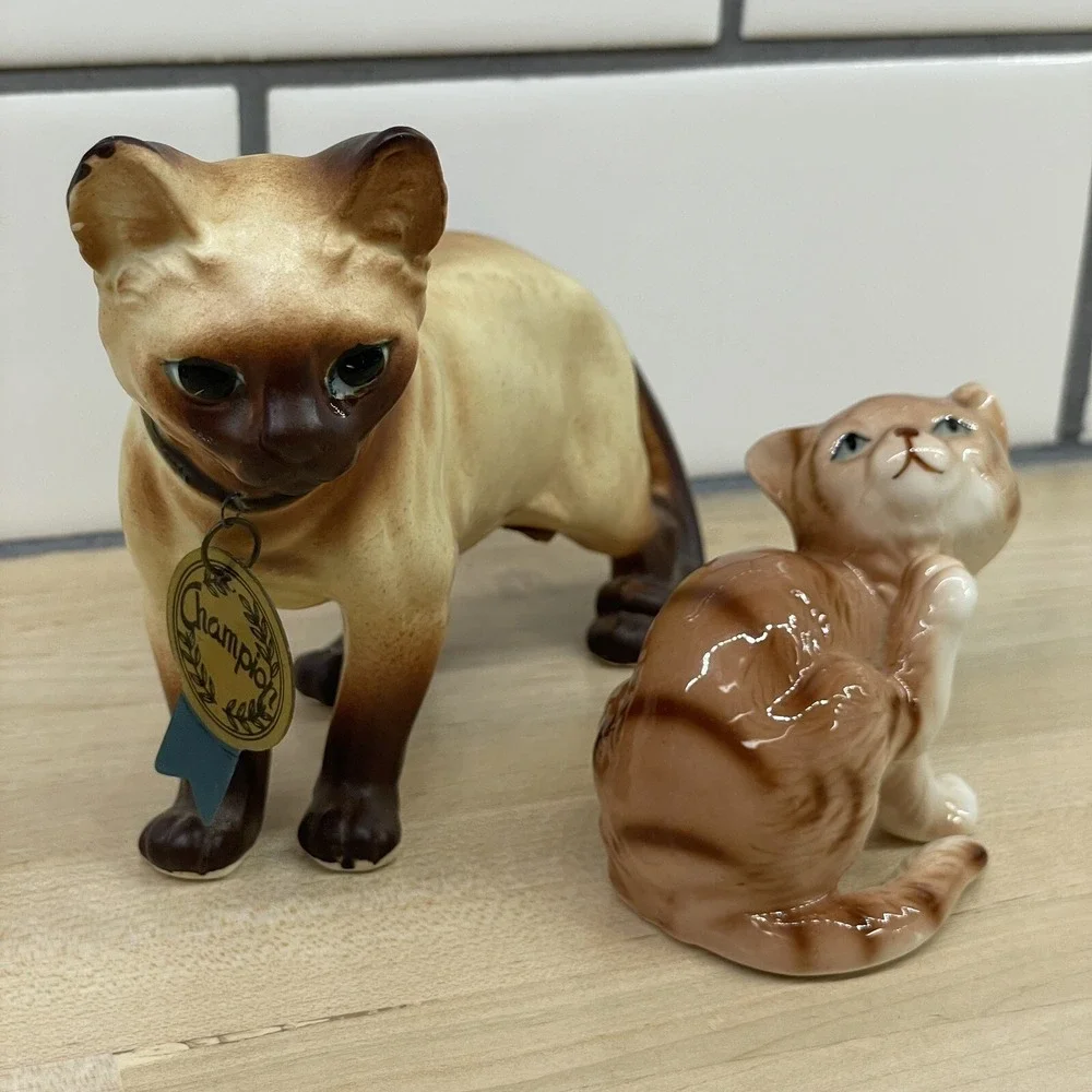 Vintage Cat Lot Of 2 MCM Porcelain Siamese Cat 